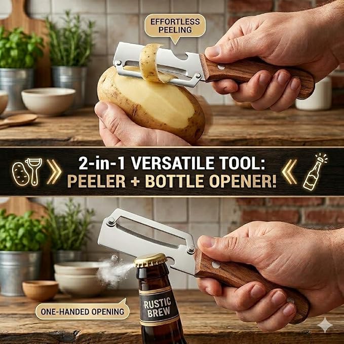2Pcs Premium Vegetable Peeler with Wooden Handle and Bottle Opener,Multi-Functional Vegetable Peeler for Kitchen, 2-In-1 Stainless Steel Kitchen Tool, for Fruit Veggie, Includes Bottle Opener (2 in 1)