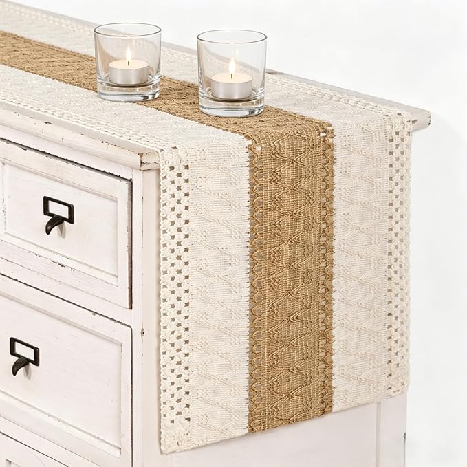MLMC Ivory & Burlap Boho Table Runner Farmhouse Cotton Burlap Woven Table Runner 90 inch Long Rustic Seasonal Table Decor for Dinning Kitchen Wedding Bridal Shower Eveyrday Use 12x90 Inch