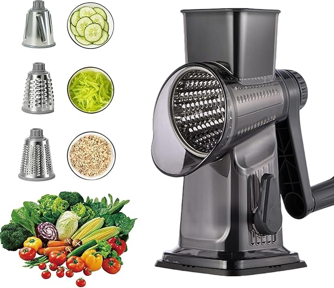 Rotary Cheese Grater Shredder Slicer - 3-in-1 Handheld Crank with Food Pusher for Hard Cheese, Vegetables, Chocolate - Ergonomic Hand Crank, Dishwasher Safe Dark Gray