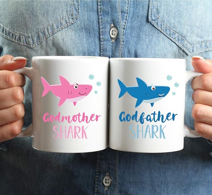 Andaz Press Baby Shark Family 11oz. Coffee Mug Gift Set, Godmother Shark, Godfather Shark, 2-Pack, Shark Do Do Do Gift Idea Birthday Christmas Gifts