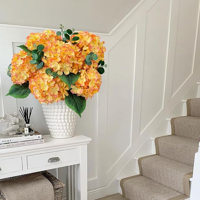 JINWOE Silk Hydrangea Artificial Flowers, 5Pcs 20Inch Large Lifelike Silk Artificial Hydrangeas, Full Fake Flowers for Bouquet Table Centerpieces Wedding Indoor Home (Yellow &Orange)