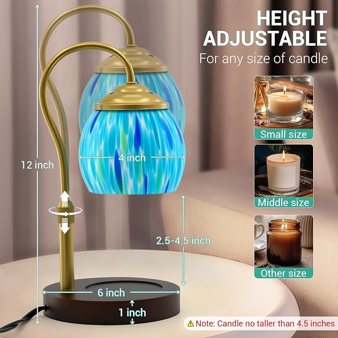 Candle Warmer Lamp with Timer Dimmer - Height Adjustable Wax Melt Warmer for Jar Candles, Blown Art Glass Candle Warming Lamp with 2 Bulbs Birthday Gifts for Mom Women Candle Holders for Home Decor