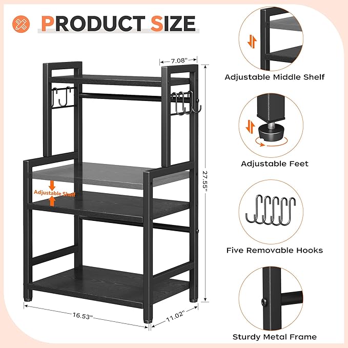 Kitchen Countertop Organizer, 3 Tier Large Spice Rack Organizer with Adjustable Shelf and 5 Hooks, Wooden Counter Organizer, Space Saving Countertop Shelf Microwave Stand for Kitchen,Coffee Bar,Black