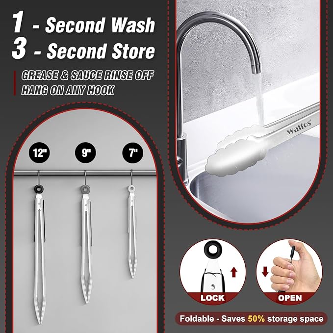 Walfos Stainless Steel Kitchen Tongs for Cooking- 7 ，9 and 12 Inch, Food Grade Metal Tongs for Cooking, BBQ, Set of 3 Heavy Duty Locking Cooking Tongs Non-Slip Grip