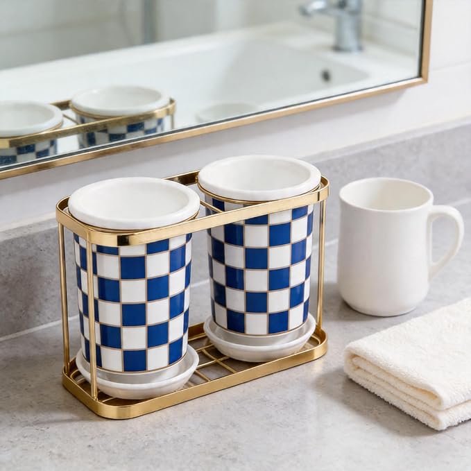 Multi-functional Ceramic Checkered Utensil Crocks,Kitchen Utensil Storage, Bathroom Checkered Bathroom Toothbrush Holder, Flatware Organizer & Home Accessory