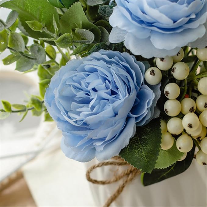 EOBTAIN Fake Flowers with Vase Blue Silk Flowers for Coffee Table Decor Faux Potted Flowers Decoration for Indoor Ceramic Vase with Artificial Flowers Home Decor,Dining Table Centerpiece.