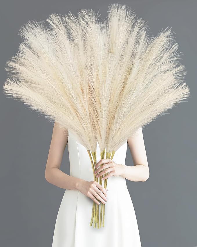 TORONTOKYO 8Pcs Beige Faux Pampas Grass Tall Decor, 35.4” Fluffy Artificial Pompous Grass Branches, Large Pampas Grass Reed Stems for Floor Vase Filler, Wedding, Baby Shower, Home Boho Decor