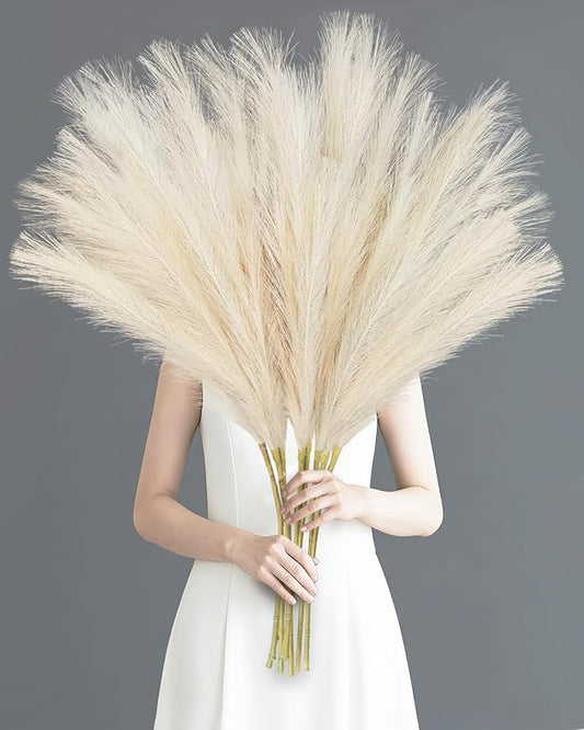 TORONTOKYO 8Pcs Beige Faux Pampas Grass Tall Decor, 35.4” Fluffy Artificial Pompous Grass Branches, Large Pampas Grass Reed Stems for Floor Vase Filler, Wedding, Baby Shower, Home Boho Decor