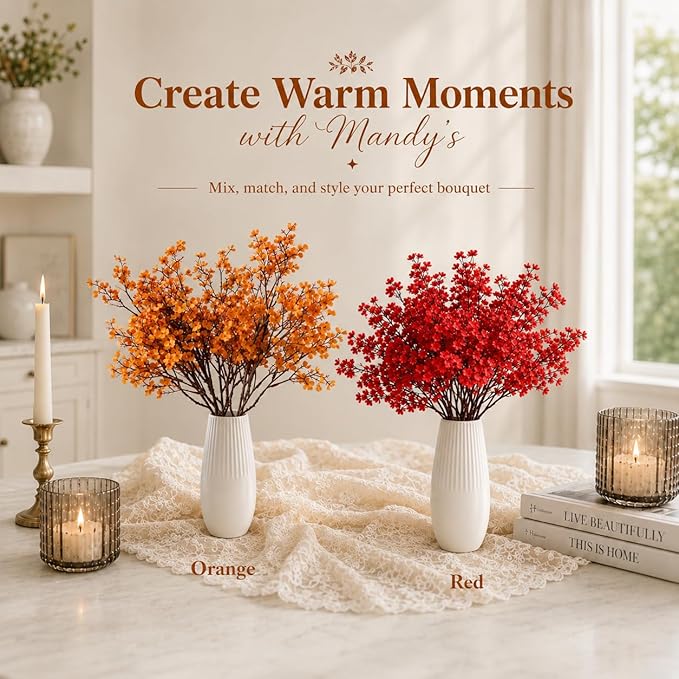 Mandy's Orange Artificial Baby’s Breath Flowers 6 Bundles Silk Gypsophila, 18.5 Inch European Style Modern Home Decor Centerpiece, Neutral Wedding Flower Arrangements