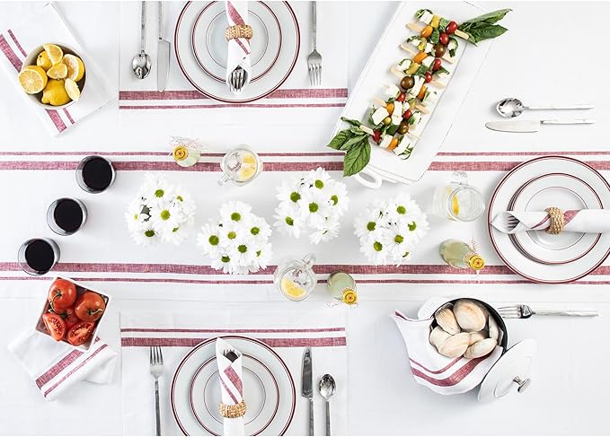 Solino Home Linen Table Runner 72 Inches Long - 100% Pure Linen Burgundy and White French Stripe Table Runner 14 x 72 Inch for Dining, Dresser