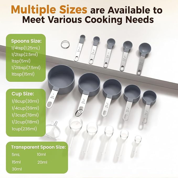 16PCS Measuring Cups and Spoons Set, Measuring Spoon Set with Metric and US Measurements, Fits for Measuring Dry and Liquid (Grey)