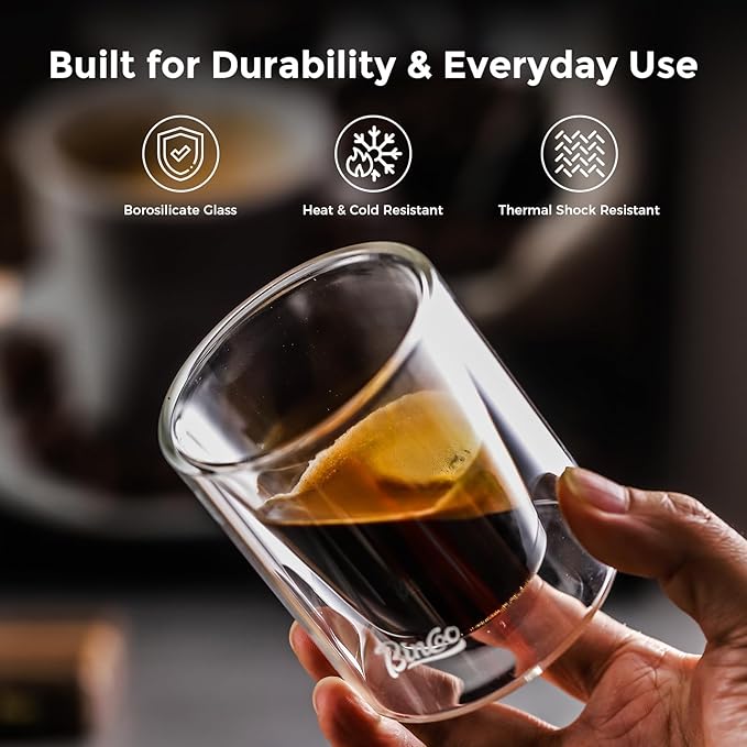Bincoo Double Wall Glasses - 120ML Clear Insulated Coffee Drinking Glass for Hot and Cold Liquids, Whiskey, Bourbon, Vodka, and Scotch Borosilicate Clear Glass