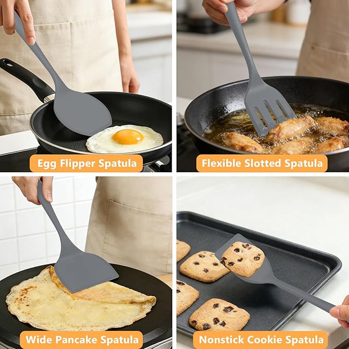 Silicone Spatula Turner Set, 600°F High Heat Resistant Spatulas for Cooking, BPA Free, Large Flexible Kitchen Utensils Flipping Eggs, Pancakes, Fish, Burgers, Dishwasher Safe (4 Pack, Gray)