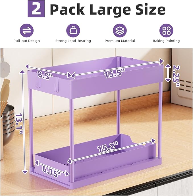 Simple Trending Under Sink Organizer 2 Pack, Sink Pull-Out Sliding Storage Cabinet, 2-Tier Under Shelf Organizer for Kitchen Bathroom, Purple