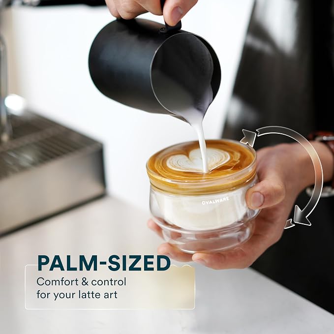 ovalware 8.5oz Double Wall Latte Cups, Latte Set of 2 - Latte Glasses for Cold & Hot Drink, Palm-Sized Cups with Wide Rim for Artistic Designs - Frost White