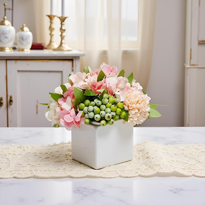 Artificial Flower Arrangement in Ceramic Vase Pink Hydrangea Home Decor | Artificial Pink Hydrangea Potted Flowers with White Vase, Fake Peony Green Berry Floral Decor for Home Office Wedding Table