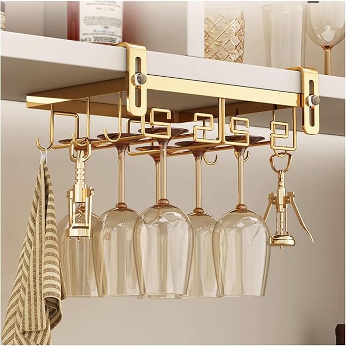 Adjustable Wine Glass Rack Under Cabinet, Hanging Metal Wine Glass Holder, Glasses Storage Hanger with 6 Hooks (Color : Gold, Size : 24x23cm(9.4x9inch))