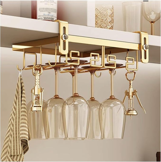 Adjustable Wine Glass Rack Under Cabinet, Hanging Metal Wine Glass Holder, Glasses Storage Hanger with 6 Hooks (Color : Gold, Size : 24x23cm(9.4x9inch))