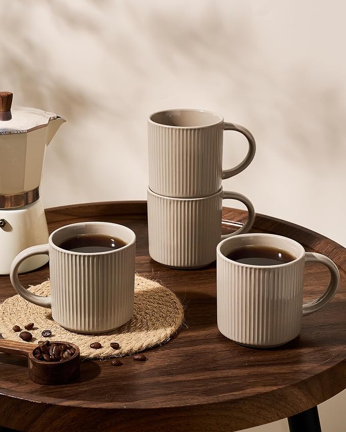 famiware Coffee Mug Set for 4, Star 12 oz Catering Mugs Cup Set with Handle for Coffee, Tea, Cocoa, Milk- Ceramic Stoneware Drinkware Set, Cinnamon Brown