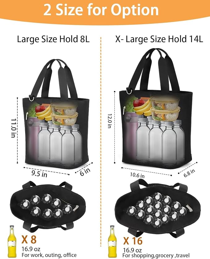 GLENKEY Insulated Lunch Bag Tote Lunch Box - Large Leakproof Cooler Bags for Adults - Soft Lunchbox for Women Work Shift Outdoor Travel Black 8L