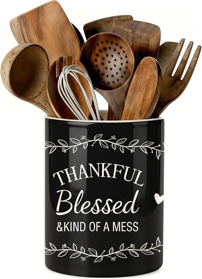 Black Utensil Holder, Ceramic Kitchen Utensil Holder, Utensil Crock for Home Kitchen Countertop Storage Organizer Container, Large Holder for Spatulas, Spoons, Kitchen Counter Decor, 6"