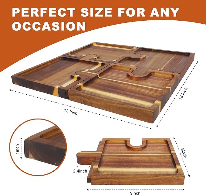 Wooden Charcuterie Boards Set of 4, Puzzle Serving Trays with Stand | Made from acacia wood,4-piece puzzle design,portable,18 inch ideal for charcuterie,snacks,appetizers,parties and gatherings
