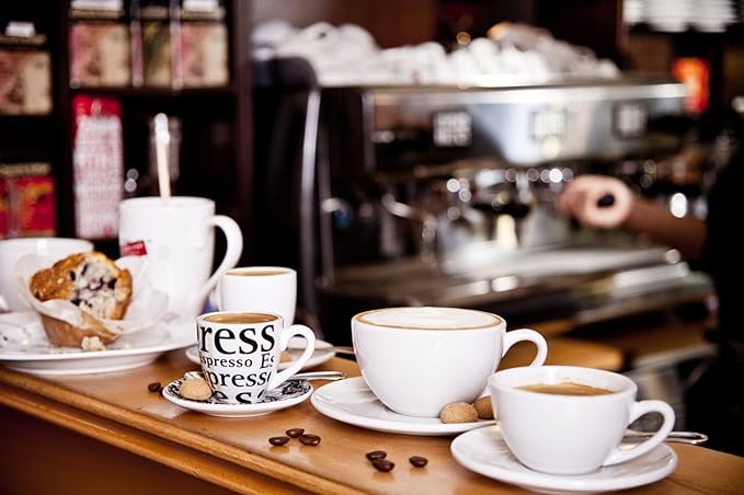 Konitz Coffee Bar Coffee Cups and Saucers, 7-Ounce, White, Set of 4