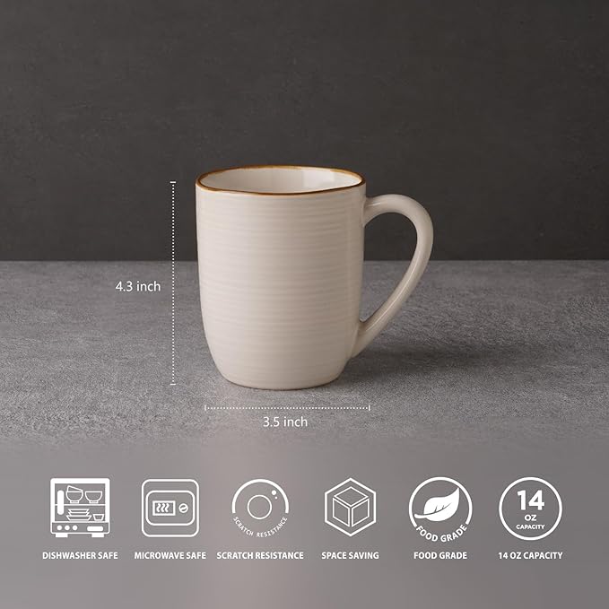 famiware Tempus Coffee Mugs Set of 4, 14 oz Coffee Cup Set, Stoneware Mugs with Handle for Coffee, Tea, Cocoa, Milk, Cappuccino, Microwave Safe - Antique White