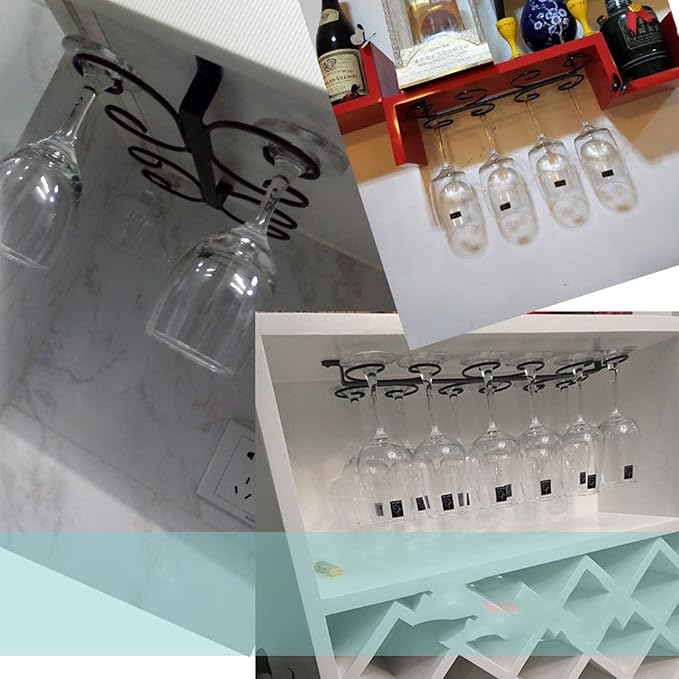 Iron Wine Glass Holder Shelf, Under Cabinet Stemware Rack, Hanging Glass Storage Hanger, Screw mounted, for Cabinet Kitchen Bar