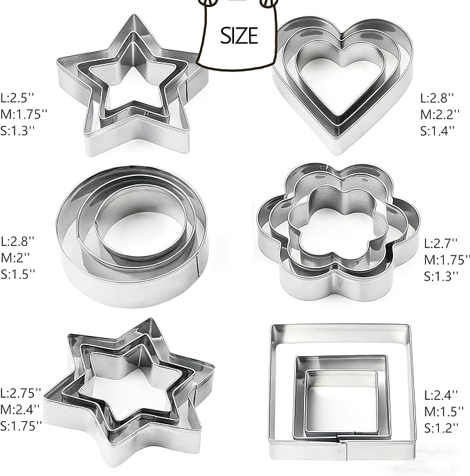 18 Pieces Metal Cookie Cutters, Stainless Steel Molds Flower Square Heart Round Star Shapes for Home Holiday Mother's Day