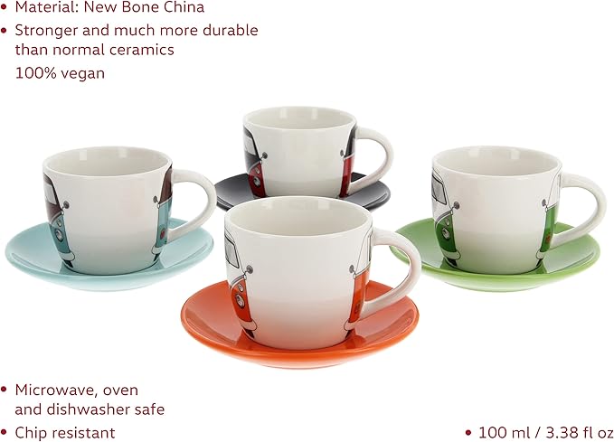 BRISA VW Collection - Volkswagen Espresso Cups Coffee-Tea-Cappuccino Set in T1 Bus Campervan Design (Bus Front/100ml/3.4 fl oz) (Set of 4 (red/black, petrol/brown, orange, green))