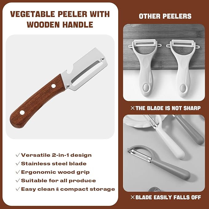 Vegetable Peeler with Wooden Handle, 2 Pcs Stainless Steel Potato Peeler for Kitchen, Heavy Duty Veggie and Fruit Slicer with Built-in Bottle Opener (Silver)
