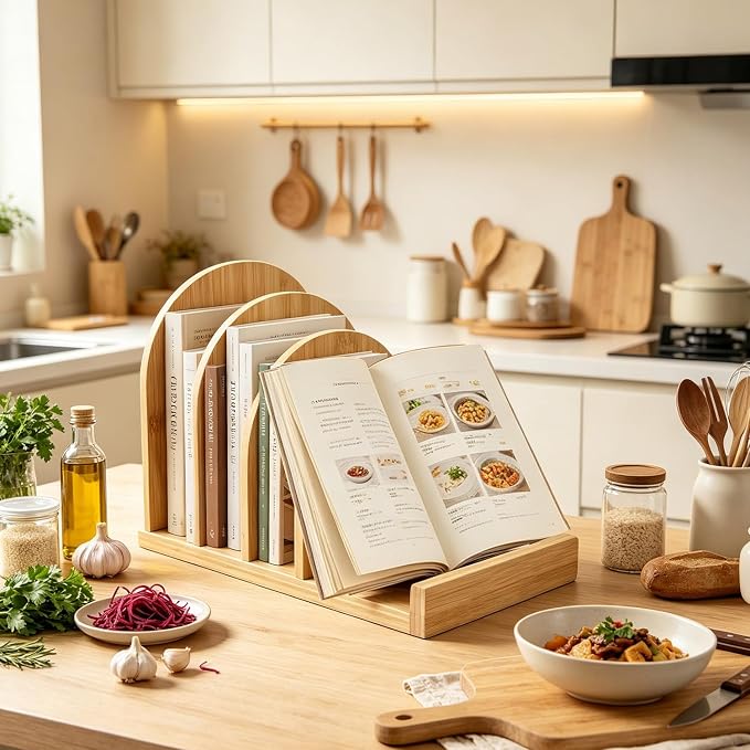Bamboo Cook Book Organizer Stand, 4 Slots Recipe Book Holder Cookbook Display for Kitchen Counter, Tabletop Cooking Book Storage, Gift for Women