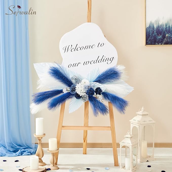 Serwalin 60PCS Pampas Grass Decor, 17.7Inch Sapphire Blue Artificial Pampas Grass Bulk Vase Filler Flower Arrangement for Home Wedding Decor