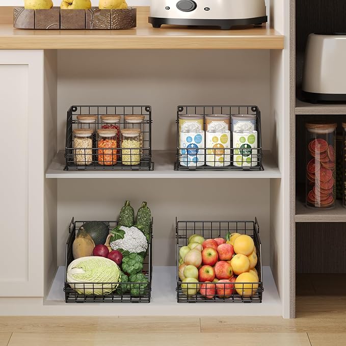 2-Tier Stackable Wire Baskets for Counter, Potato and Onion Storage Bin, Fruit and Vegetable Storage Bins with Ventilated Mesh，Kitchen Pantry Organizer - Wall Basket for Produce/Snack/Can, Black
