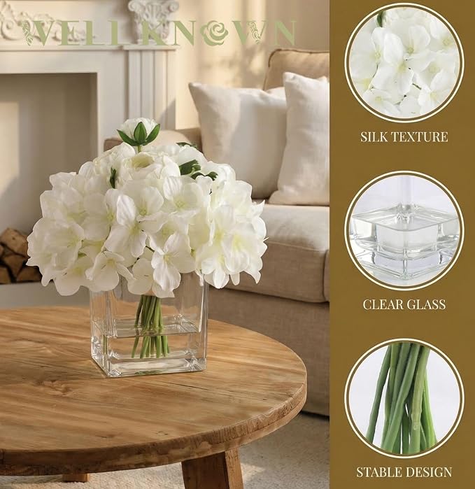 WELL KNOWN Fake Flowers in Vase, White Hydrangea Ranunculus Artificial Flowers with Vase, Silk Floral with Faux Water Arrangement Centerpiece for Office Dining Table Home Wedding Decor & Mom's Gift