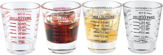 Shot Glass Measuring Cup Set of 4, Thick Base and Smooth Edge Small Measuring Cup for Espresso and Liquor, Easy Cleaning with Four Units of Measurement (1 oz, 2 Tbs, 6 Tsp, 30 ml)