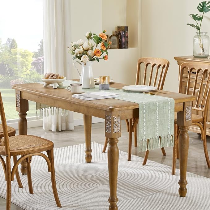 Wracra Rustic Linen Table Runner Farmhouse Style Table Runners 72 inches Long Embroidered Table Runner with Hand-Tassels for Party, Dresser Decor and Dining Room Decorations (Desert Sage, 13"×72")