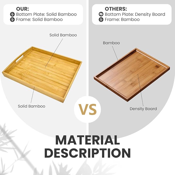 Bamboo Serving Tray with Handles Set of 4 - Decorative Wooden Trays for Eating, Working, and Storing, Suitable for Use in Bedroom, Living Room, Kitchen, Bathroom, Outdoor Scenarios and More