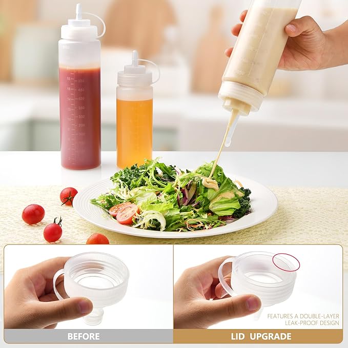 8 Pack 12 oz Plastic Squeeze Squirt Condiment Bottles with Cap Lids - Perfect for Condiments, Oil, Icing, Liquids–Set of 8 with extra 1 Silicone Funnel, 8 Chalk Labels and 1 Pen