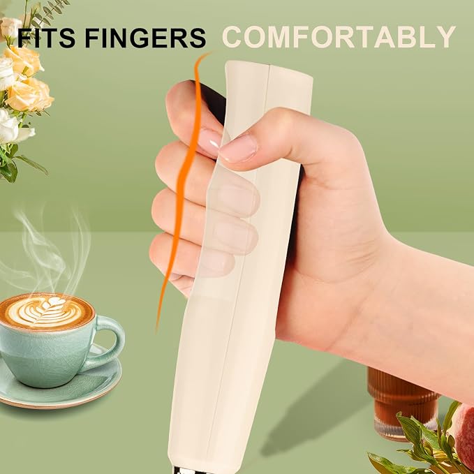 YUSWKO Beige Handheld Milk Frother Wand with Stand for Coffee, Rechargeable Electric Whisk with 3 Heads 3 Speeds Drink Mixer Coffee Frother For Latte, Cappuccino, Hot Chocolate, Egg