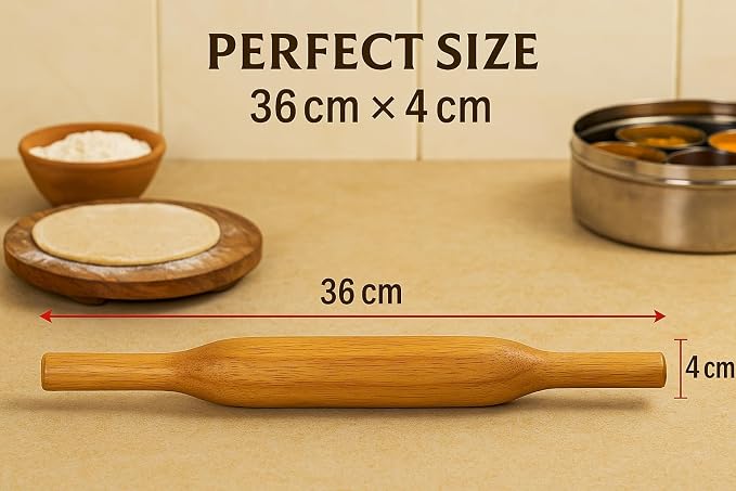 Handcrafted Wooden Rolling Pin,Belan,Belna,Traditional Belan for Roti, Chapati, Dough, Pastry – Handcrafted Hardwood Dough Roller with Easy Grip Handles – Smooth Finish (Thin Belan)