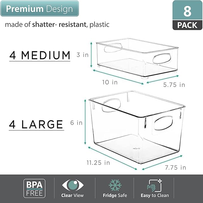Sorbus Set of 8 Clear Fridge Organizers - Refrigerator & Pantry Bins for Organizing Food - 2 Different Sizes with Handles - Kitchen, Bathroom, & Closet Storage Containers