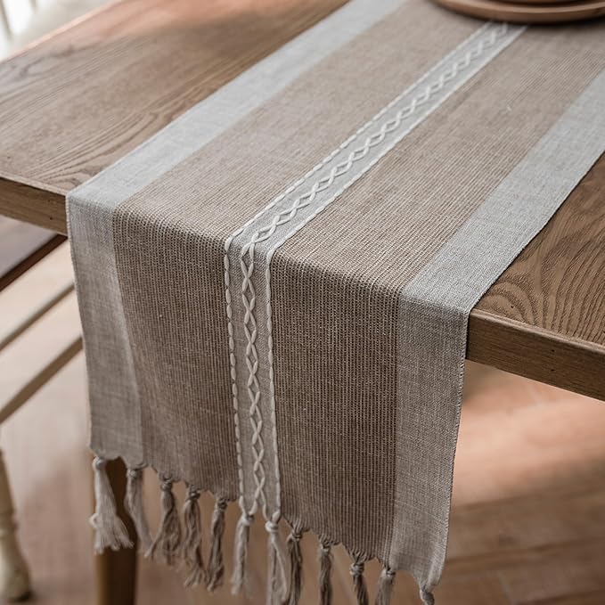Niviy Farmhouse Table Runner, Embroidered Striped Braided Coffee Boho Table Runner, Cotton Linen Farmhouse Table Decoration for Holiday Party 12 x 120 Inches