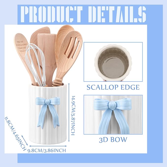 LemonRoad Blue Bow Ceramic Utensil Holder 3D Coquette Handmade Pink Kitchen Decor Gifts Cooking Utensil Crock with Scalloped Preppy Caddy Pen Holder Vase Graduation Gift for College Students