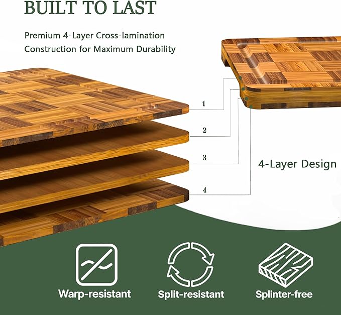 Bamboo Cutting Board Set of 3 with Stand, Checkered End Grain Cutting Boards for Kitchen with Deep Juice Grooves for Meat, Cheese, Charcuterie and Kitchen Prep