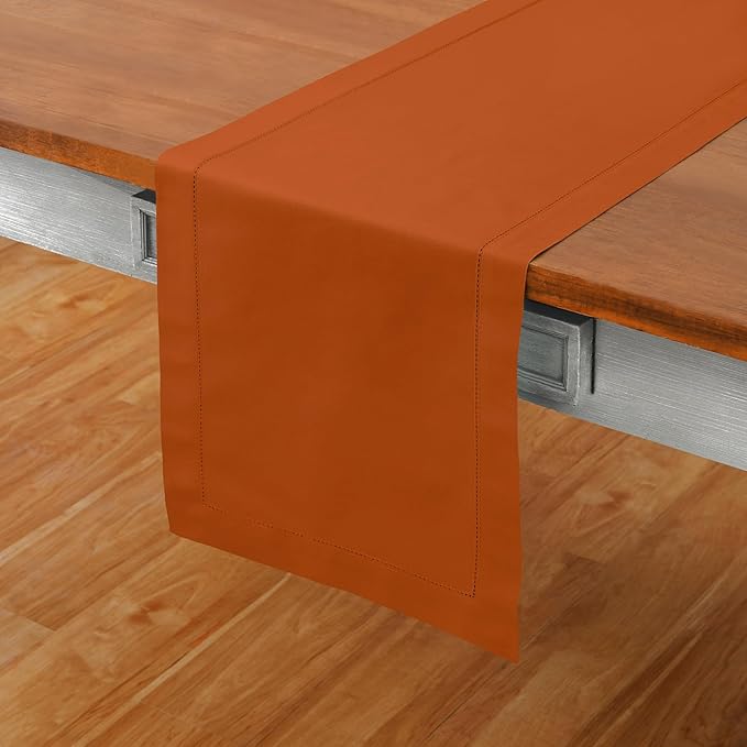Solino Home Cinnamon Hemstitch Table Runner 60 Inches - Cotton Linen Small Table Runner 14 x 60 Inch Ideal for Dresser and Coffee Tables