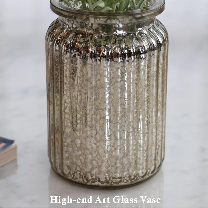 13.5" White Daisy Artificial Flowers in Fluted Glass Vase, Fake Flowers Arrangement with Vase, Centerpiece for Coffee Table Decor, Wedding Party, Bathroom Decor, Home Decor Indoor