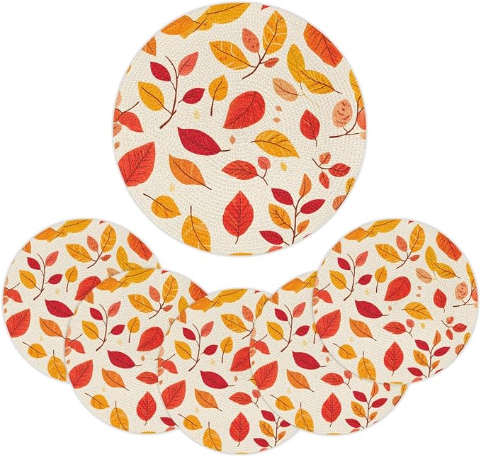 Round Placemats Set of 4, Autumn Maple Leaves Woven Placemats Mats Non-Slip Heat Resistant Washable Table Mats Round Braided Place for Farmhouse Kitchen Dining Party Decor 15in-6