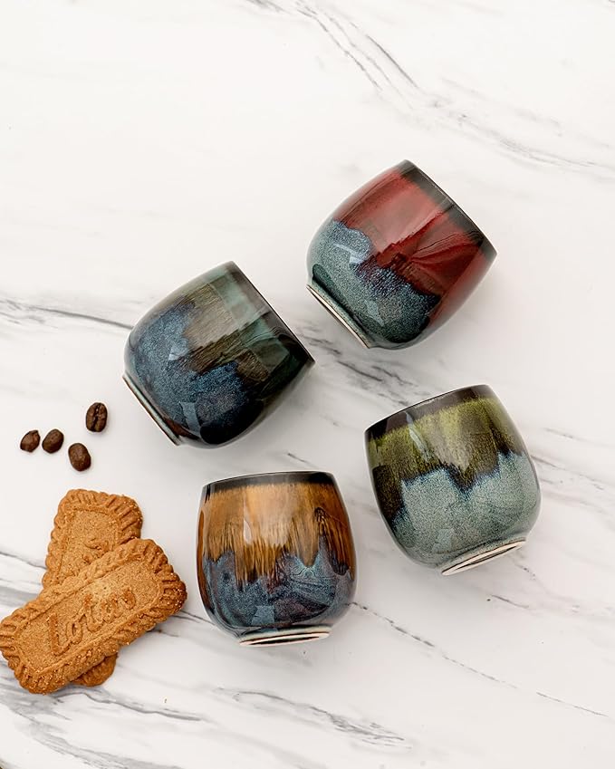 2.7 Oz Mini Espresso Cups Set of 4, Colorful Ceramic Demitasse Cups with Bamboo Coasters, Unique Glaze Mugs for Turkish Coffee, Macchiato, Espresso Martini, Dessert, Dishwasher & Microwave Safe
